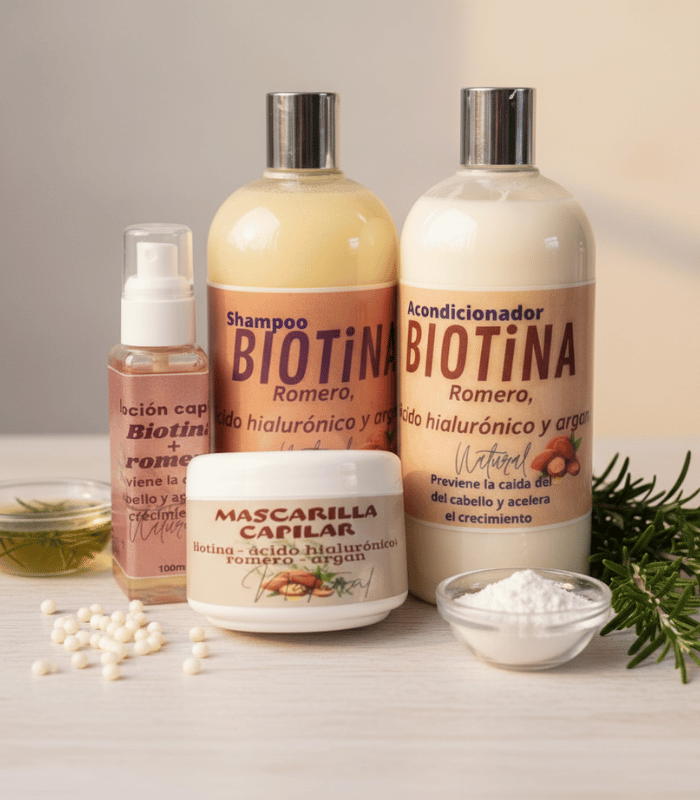 SHAMPOO, ACONDICIONADOR, LOCIÓN Y MASCARILLA CAPILAR. BIOTINA Y ROMERO