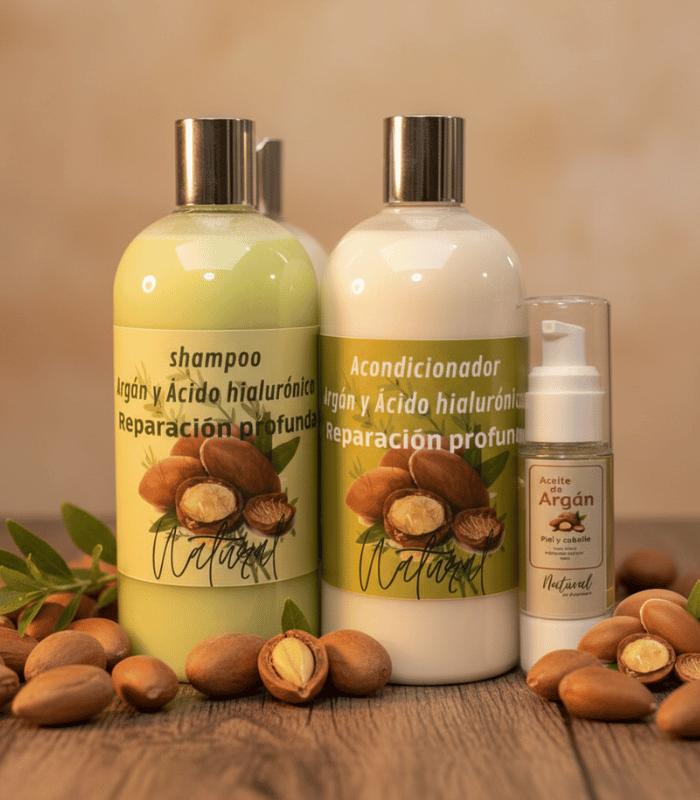 SHAMPOO Y ACONDICIONADOR ARGAN Y ÁCIDO HIALURÓNICO MÁS ACEITE DE ARGÁN 100% PURO.
